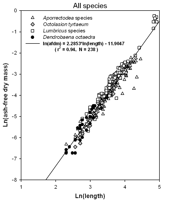 In this figure, each symbol represent one individual earthworm's length (on the bottom, or X-axis) and ash-free-dry biomass (on the left, or Y-axis). As length increases, ash-free-dry biomass increases along a predictable pattern.