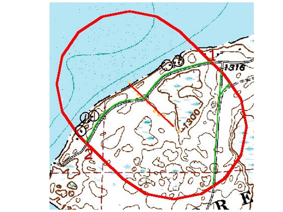 Close up of a topographic map with a transect drawn in red