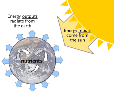 Illustration of earth cycling nutrients and radiating energy and accepting energy inputs from sun